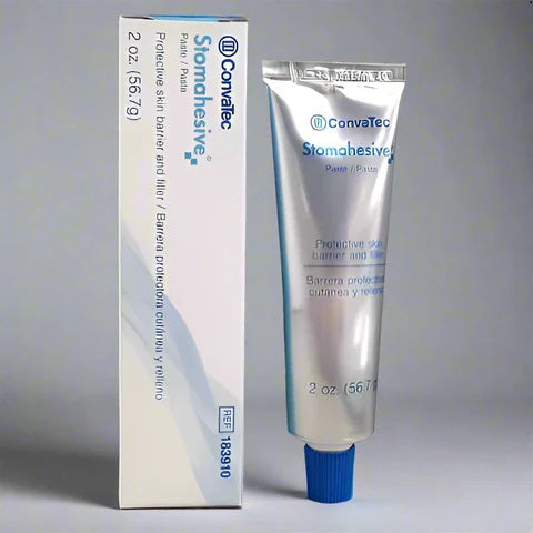 Convatec Stomahesive tube and packaging on a gray background