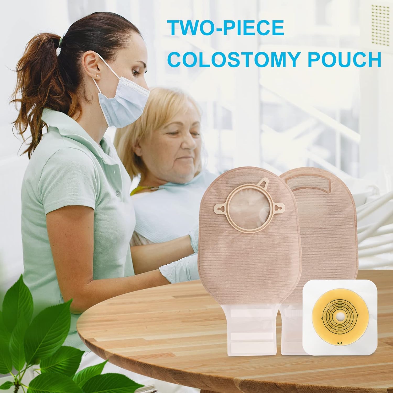 Two-piece colostomy pouch with a healthcare professional and patient in the background.