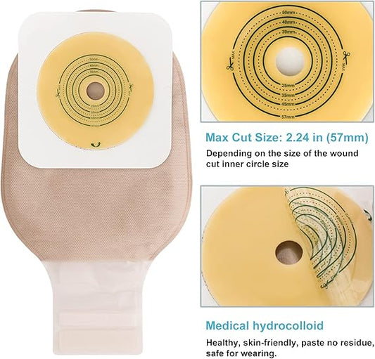 Medical hydrocolloid dressing with cut-out size details on a white background