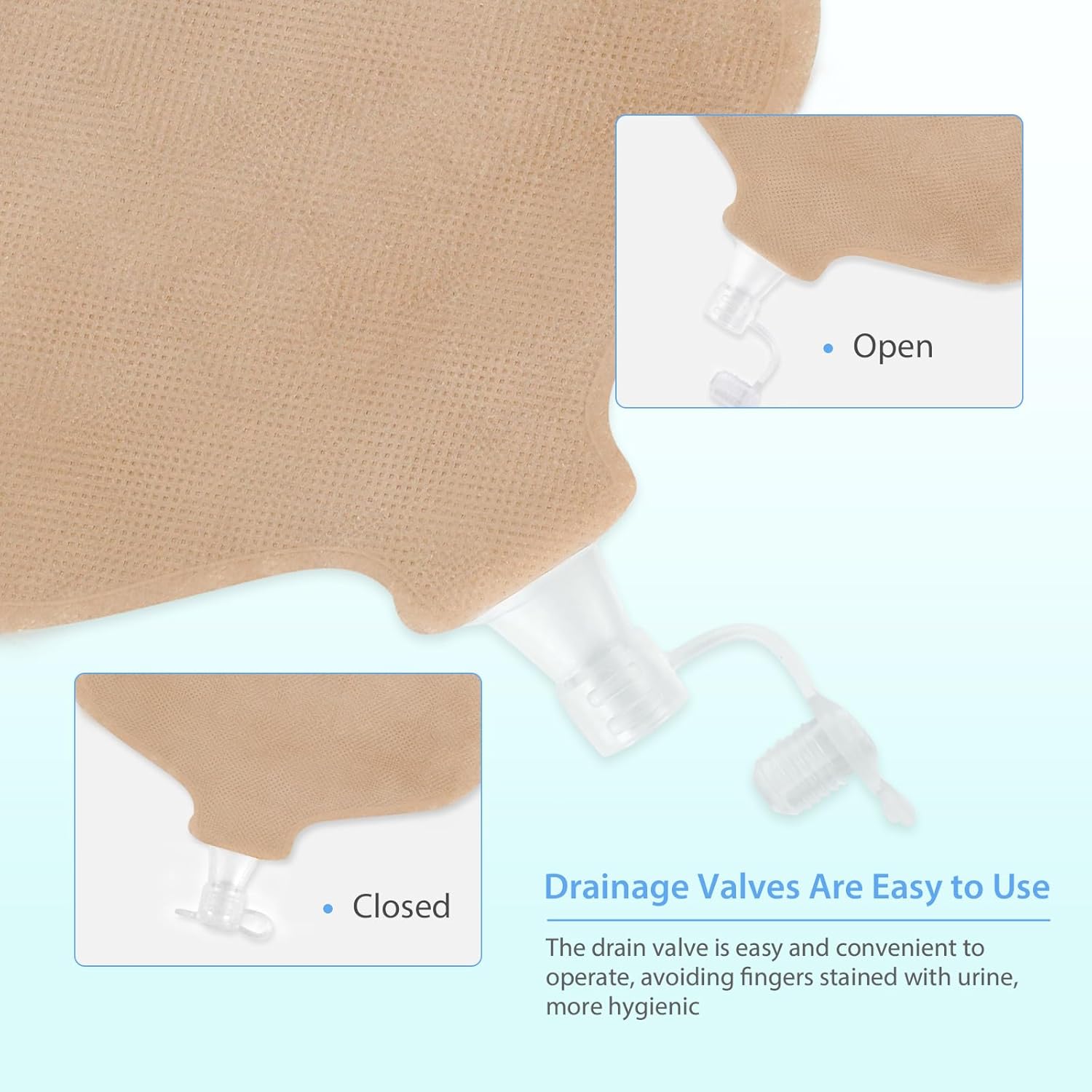 Beige diaper with drainage valve illustration and text on a light blue background