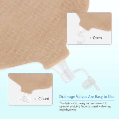 Beige diaper with drainage valve illustration and text on a light blue background