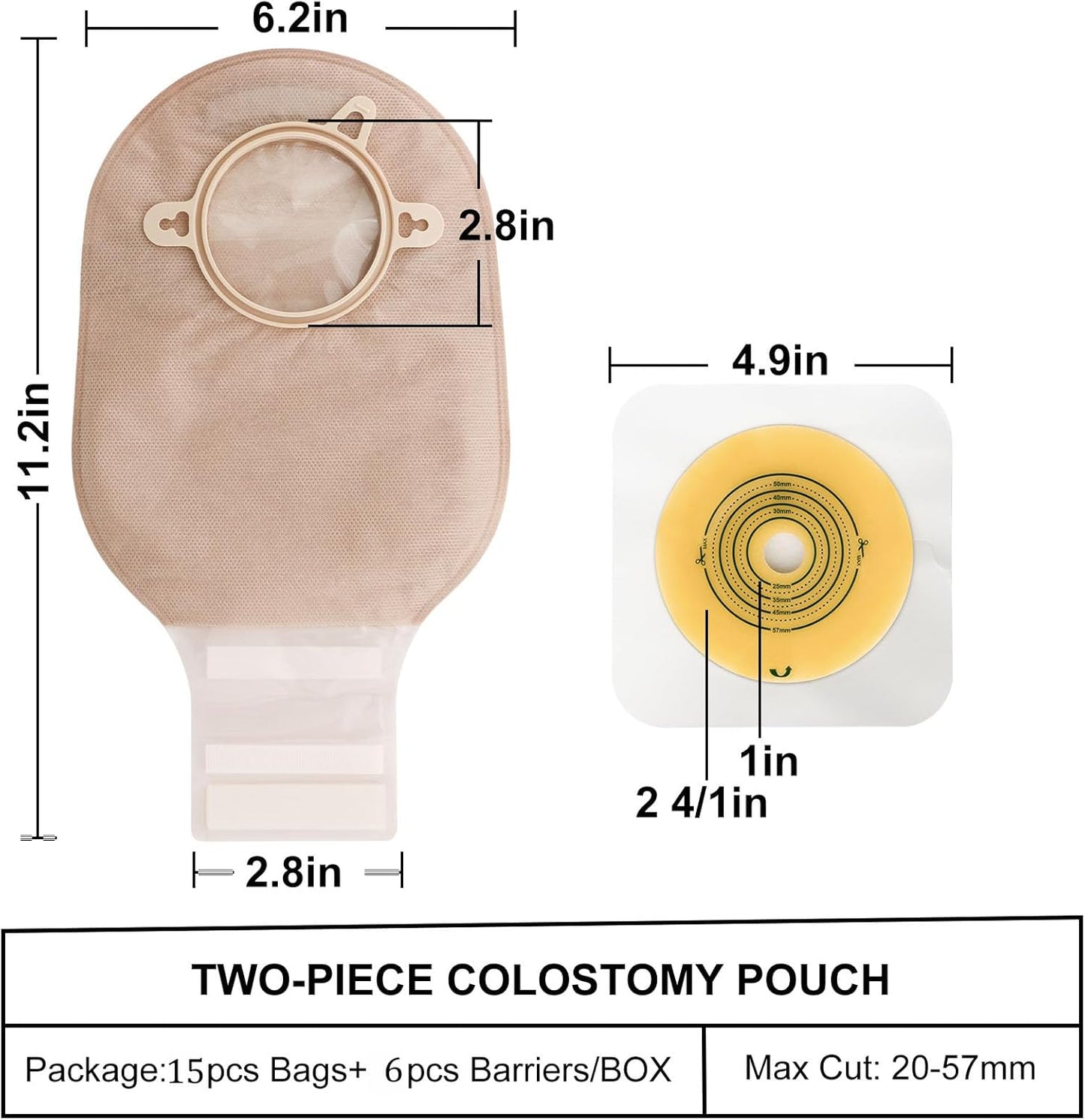 Two-piece colostomy pouch with measurements on a white background