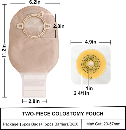 Two-piece colostomy pouch with measurements on a white background