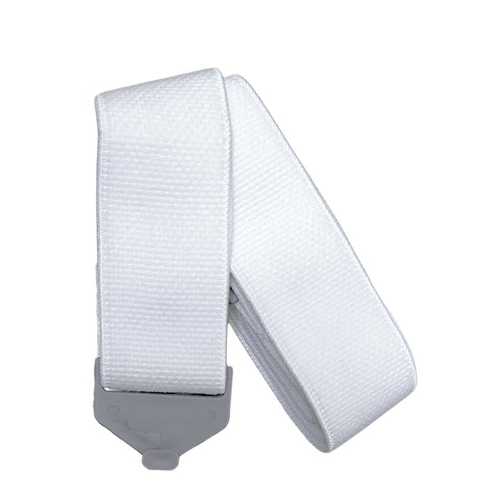 A white woven web belt with a gray plastic buckle, shown coiled on a plain white background.